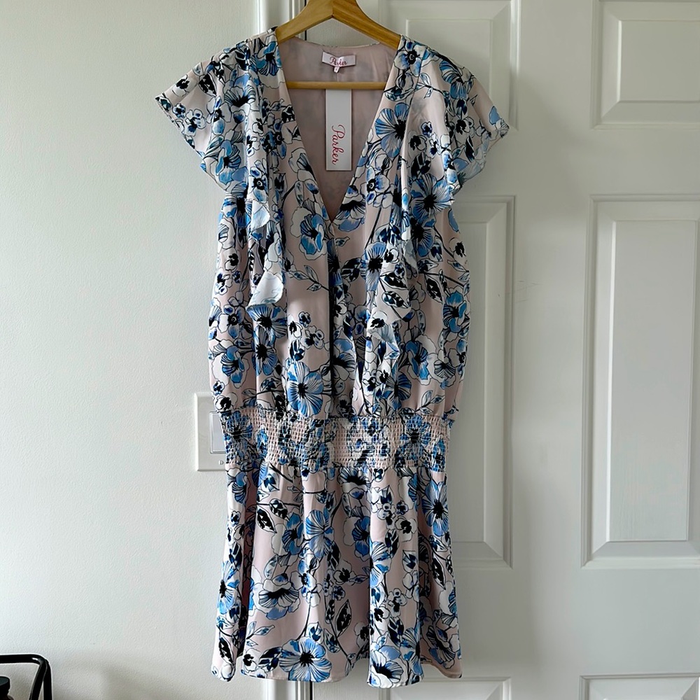 NWT Parker Smocked Waist Ruffle Floral Print Dress, Blue Juliet, Sz L